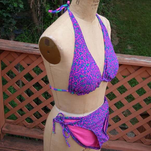 NEW size L/XL Xhilaration Reversible 2pc Swim Suit Animal Print/Striped Hot Pink - Picture 3 of 9